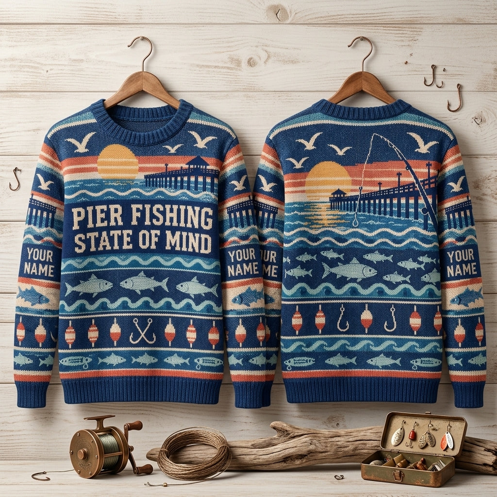 Personalized Pier Fishing Beach Angler Ugly Sweater – Custom Fisherman Gift - mockup 3