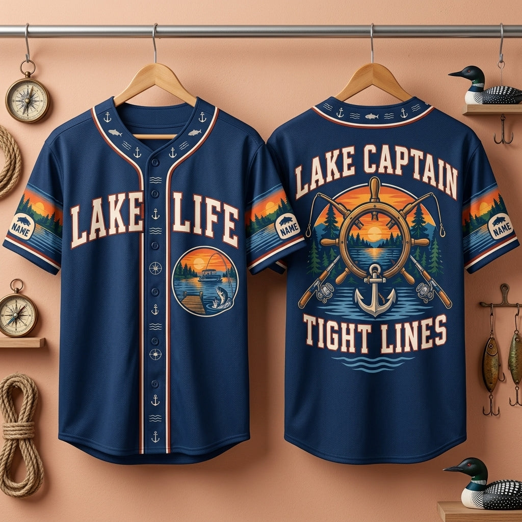 Personalized Lake Life Fishing Captain Baseball Jersey – Custom Nautical Gift for Anglers - mockup 3