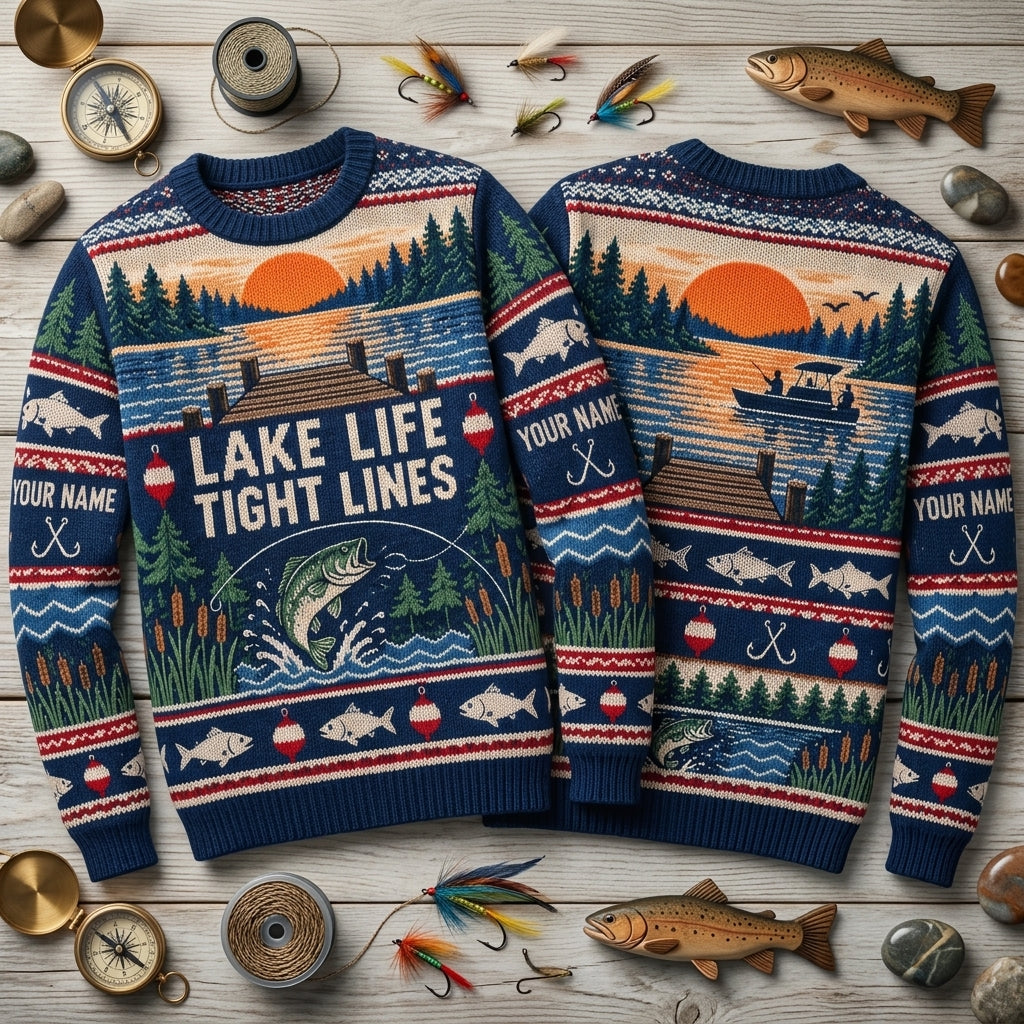 Personalized Lake Life Fishing Captain Ugly Sweater – Custom Angler Gift - mockup 2