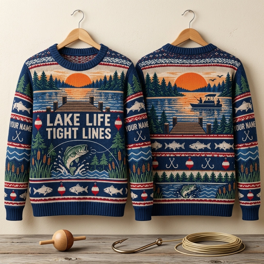 Personalized Lake Life Fishing Captain Ugly Sweater – Custom Angler Gift - mockup 3