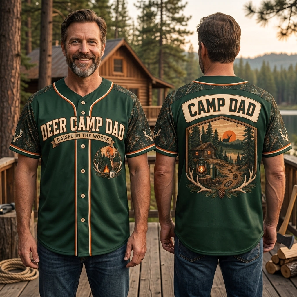 Deer Camp Dad Raised in the Woods Baseball Jersey – Hunting Gift for Men - mockup 1