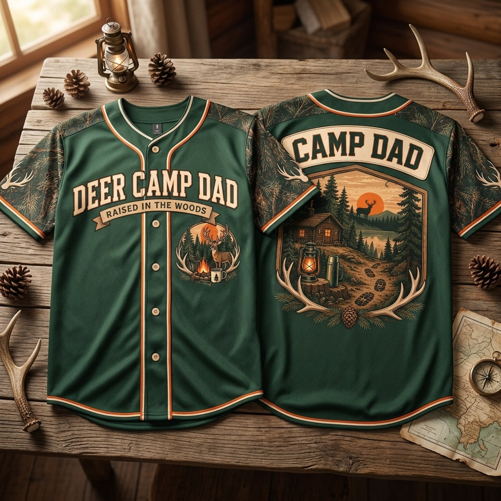 Deer Camp Dad Raised in the Woods Baseball Jersey – Hunting Gift for Men - mockup 2