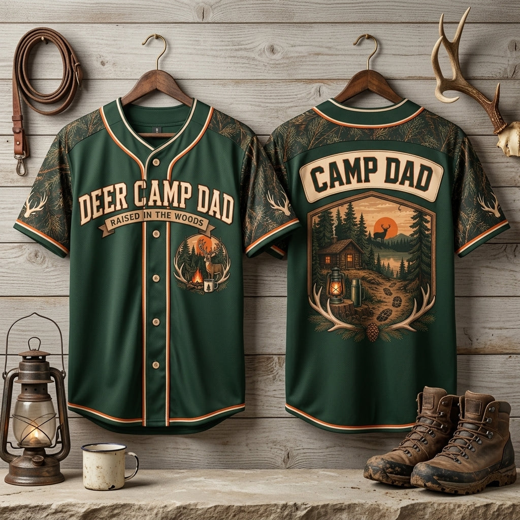 Deer Camp Dad Raised in the Woods Baseball Jersey – Hunting Gift for Men - mockup 3