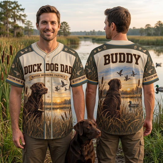 Personalized Duck Dog Dad Baseball Jersey - Custom Chocolate Lab Hunting Gift - mockup 1