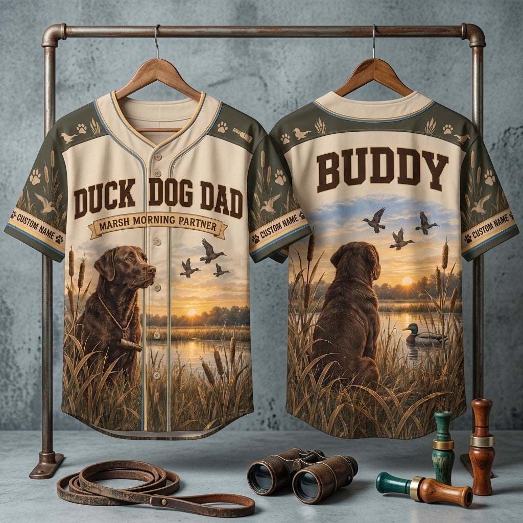 Personalized Duck Dog Dad Baseball Jersey - Custom Chocolate Lab Hunting Gift - mockup 3