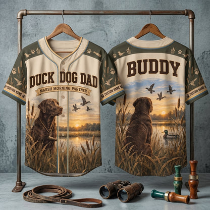 Personalized Duck Dog Dad Baseball Jersey - Custom Chocolate Lab Hunting Gift - mockup 3
