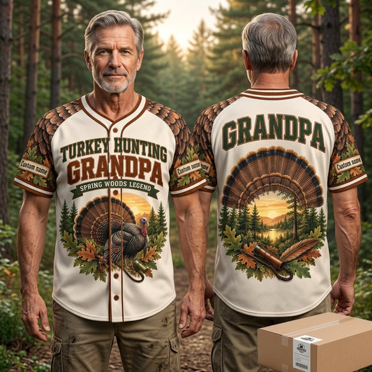 Custom Turkey Hunting Grandpa Baseball Jersey - Spring Woods Legend Gift - mockup 1