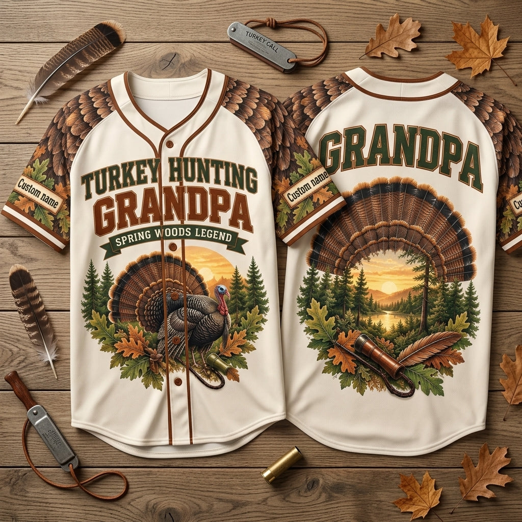 Custom Turkey Hunting Grandpa Baseball Jersey - Spring Woods Legend Gift - mockup 2