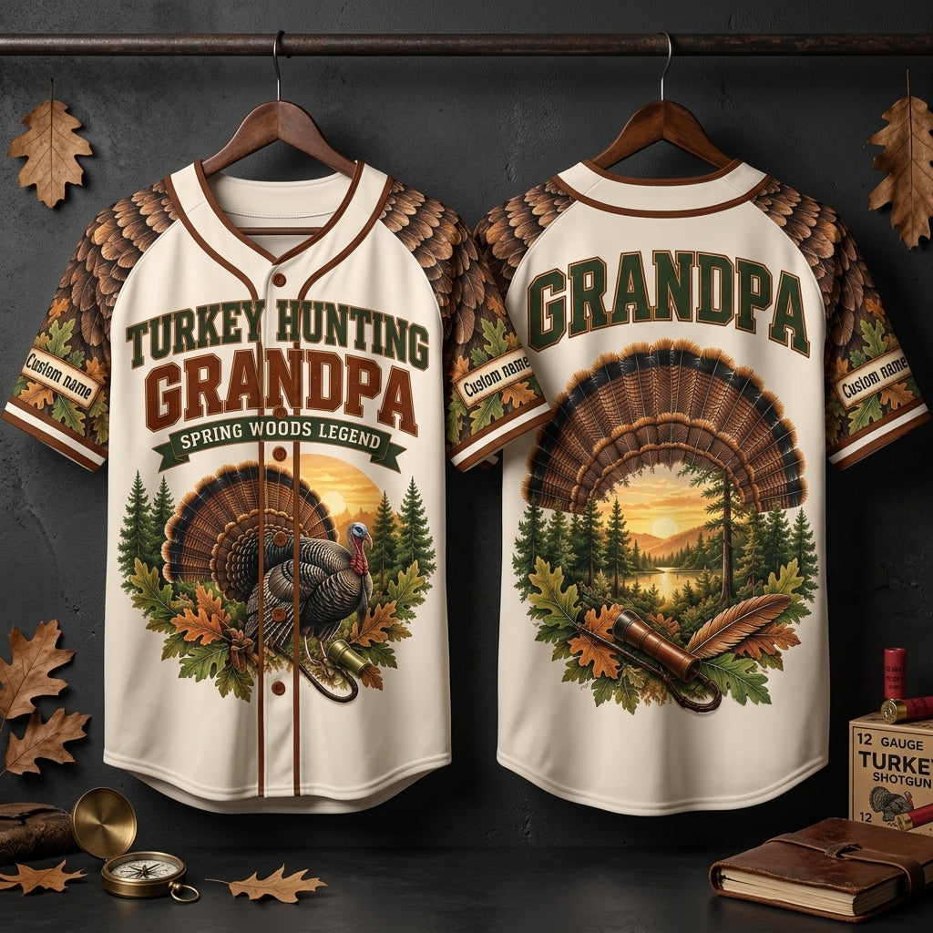 Custom Turkey Hunting Grandpa Baseball Jersey - Spring Woods Legend Gift - mockup 3
