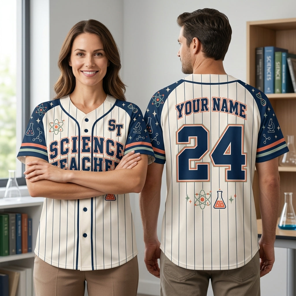Personalized Science Teacher Baseball Jersey - Custom Name and Number Sporty Apparel - mockup 1