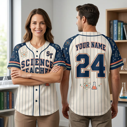 Personalized Science Teacher Baseball Jersey - Custom Name and Number Sporty Apparel - mockup 1
