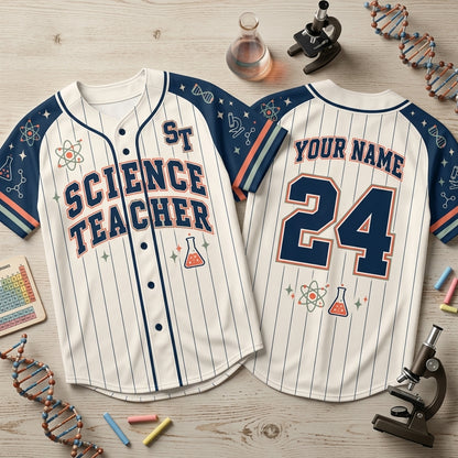 Personalized Science Teacher Baseball Jersey - Custom Name and Number Sporty Apparel - mockup 2