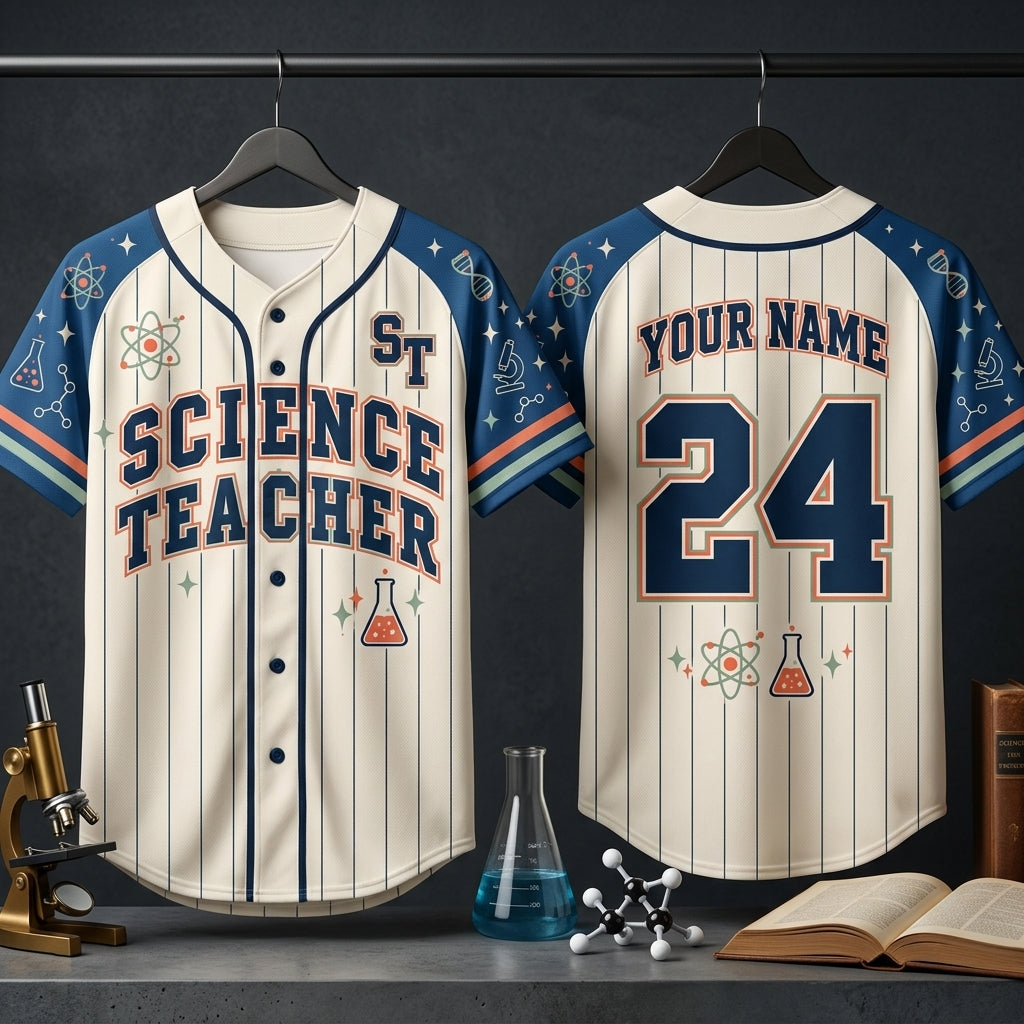 Personalized Science Teacher Baseball Jersey - Custom Name and Number Sporty Apparel - mockup 3