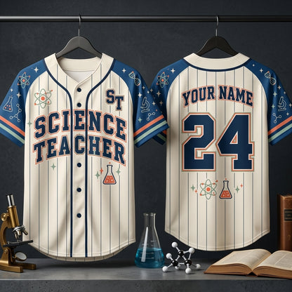 Personalized Science Teacher Baseball Jersey - Custom Name and Number Sporty Apparel - mockup 3