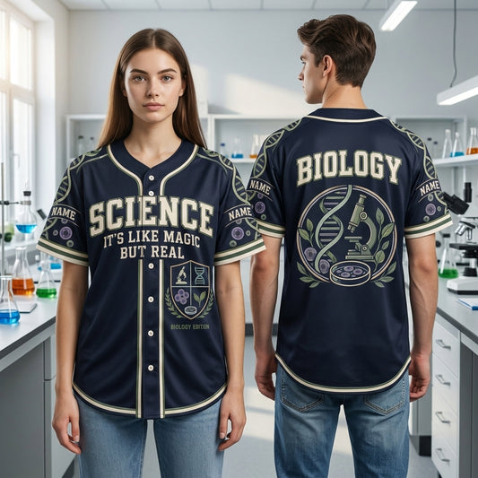 Custom Science It's Like Magic But Real Biology Teacher Baseball Jersey - Navy - mockup 1