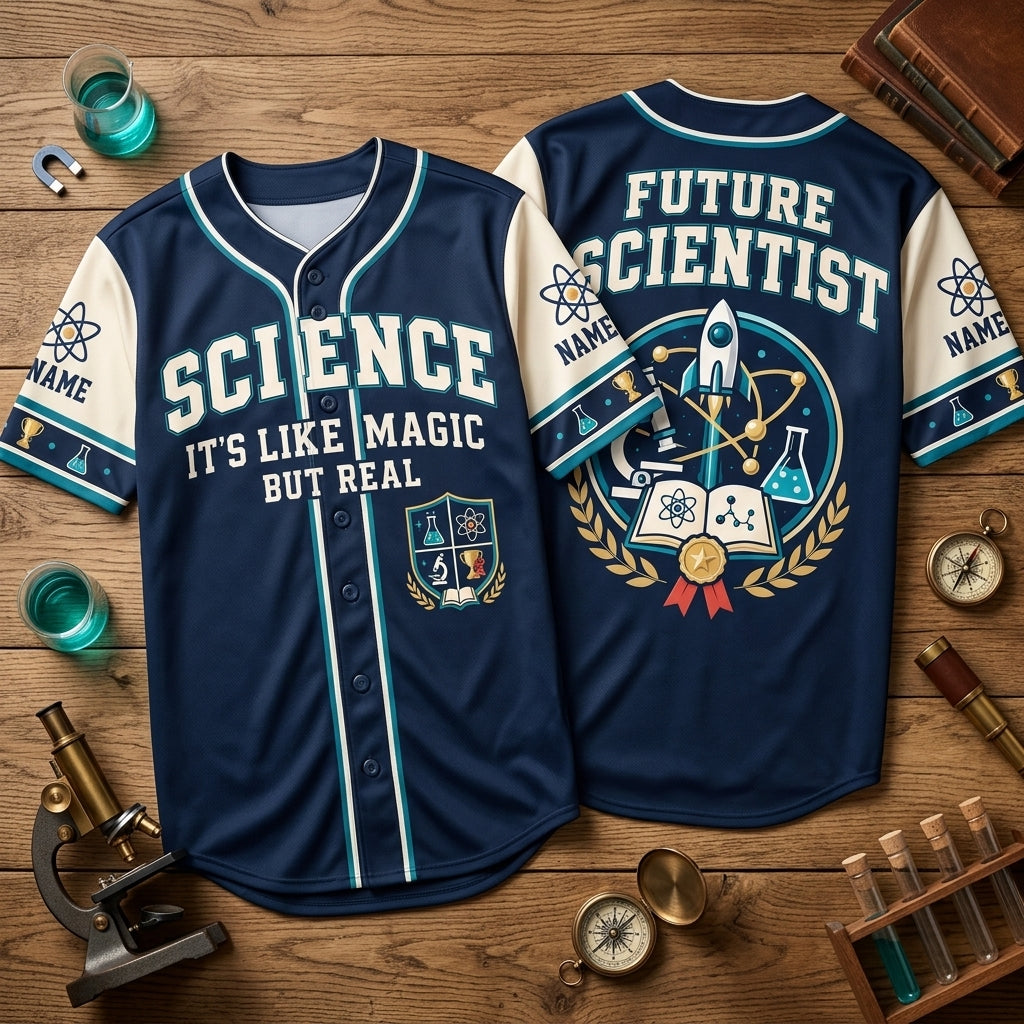 Personalized Science It's Like Magic But Real Baseball Jersey - Future Scientist Gift - mockup 2