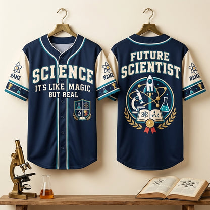 Personalized Science It's Like Magic But Real Baseball Jersey - Future Scientist Gift - mockup 3