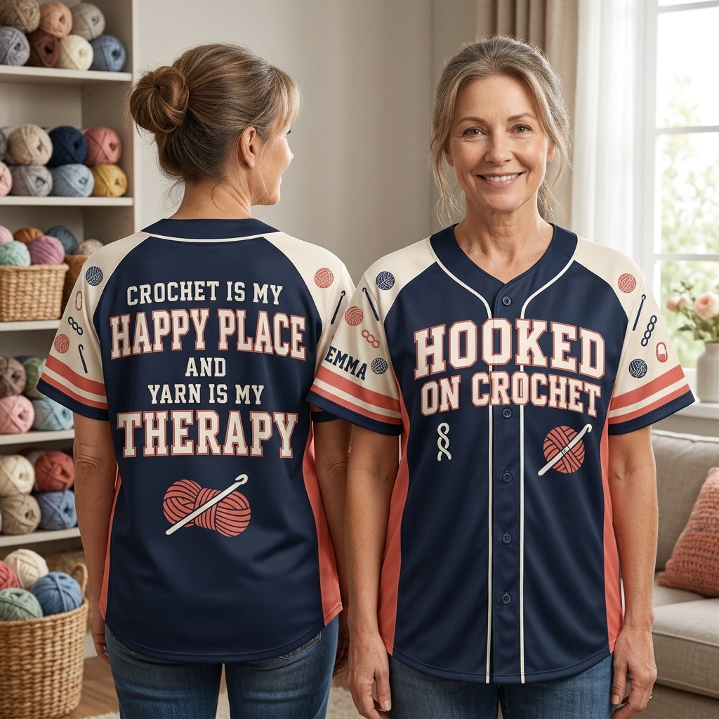 Custom Crochet Is My Happy Place and Yarn Is My Therapy Baseball Jersey - mockup 1