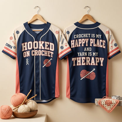 Custom Crochet Is My Happy Place and Yarn Is My Therapy Baseball Jersey - mockup 3