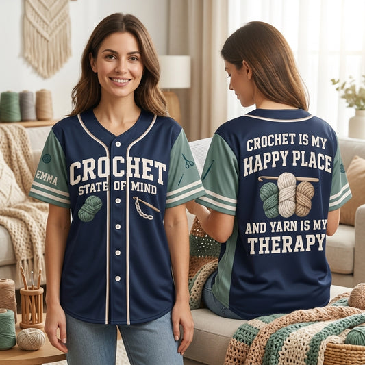 Personalized Crochet Is My Happy Place Baseball Jersey - Custom Yarn Lover Gift - mockup 1