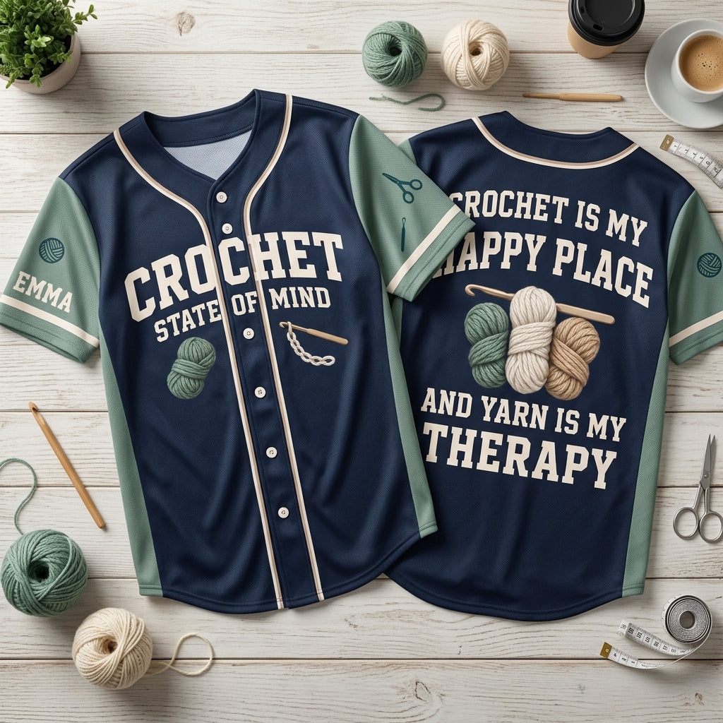 Personalized Crochet Is My Happy Place Baseball Jersey - Custom Yarn Lover Gift - mockup 2
