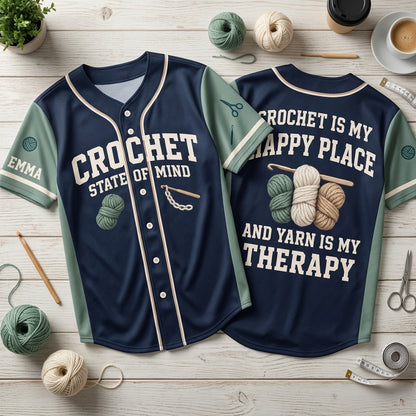 Personalized Crochet Is My Happy Place Baseball Jersey - Custom Yarn Lover Gift - mockup 2