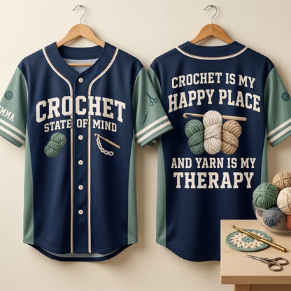 Personalized Crochet Is My Happy Place Baseball Jersey - Custom Yarn Lover Gift - mockup 3