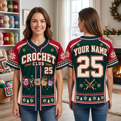 Personalized Christmas Crochet Club Baseball Jersey - Custom Holiday Crafting Gift - mockup 1