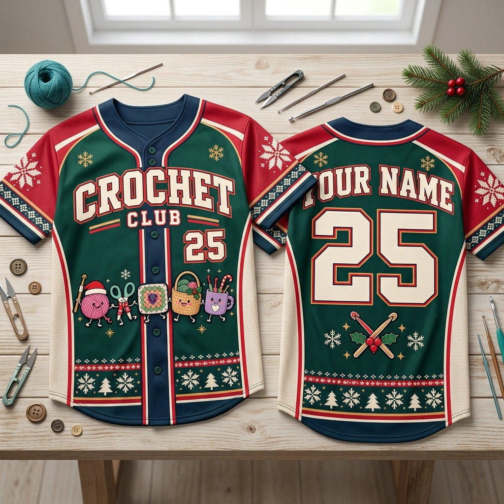 Personalized Christmas Crochet Club Baseball Jersey - Custom Holiday Crafting Gift - mockup 2