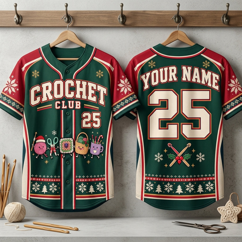 Personalized Christmas Crochet Club Baseball Jersey - Custom Holiday Crafting Gift - mockup 3