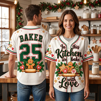 Custom In This Kitchen We Bake With Love Baseball Jersey – Personalized Christmas Baker Gift - mockup 1