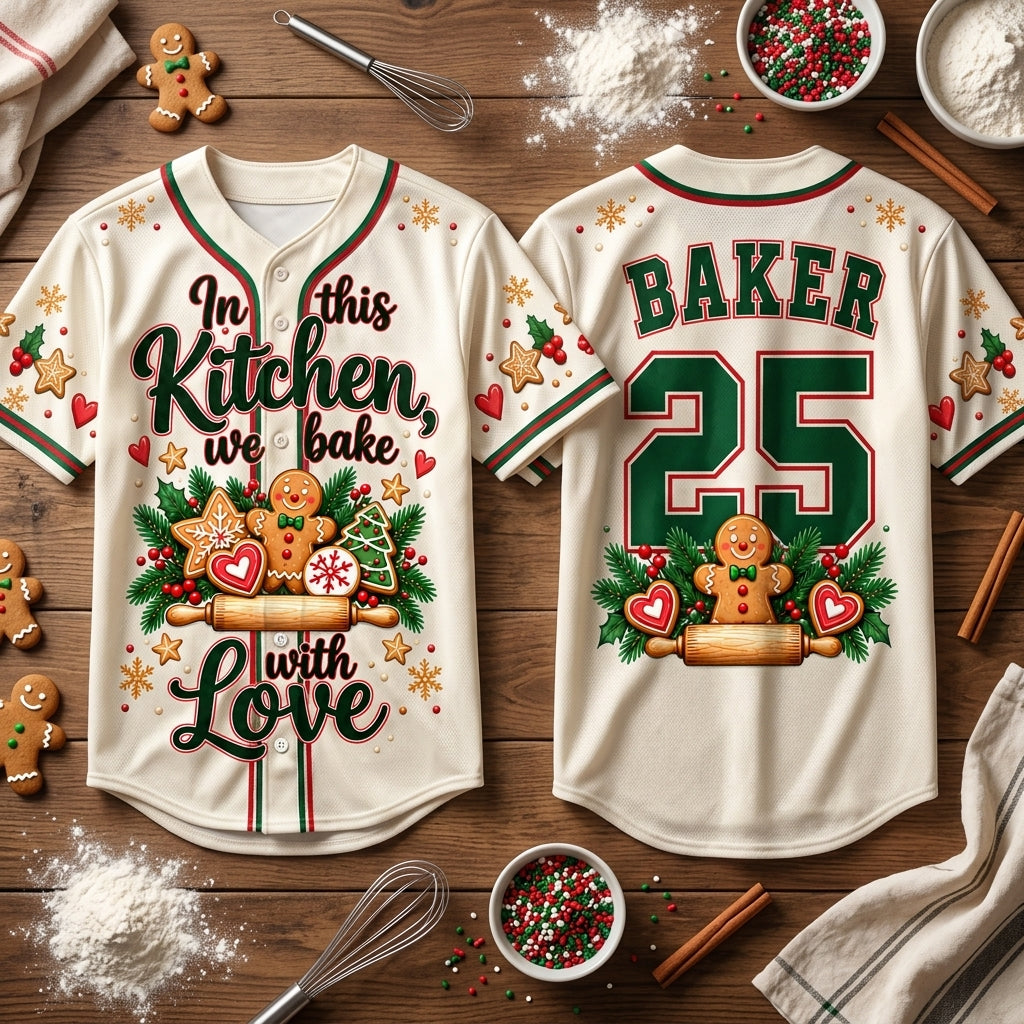 Custom In This Kitchen We Bake With Love Baseball Jersey – Personalized Christmas Baker Gift - mockup 2
