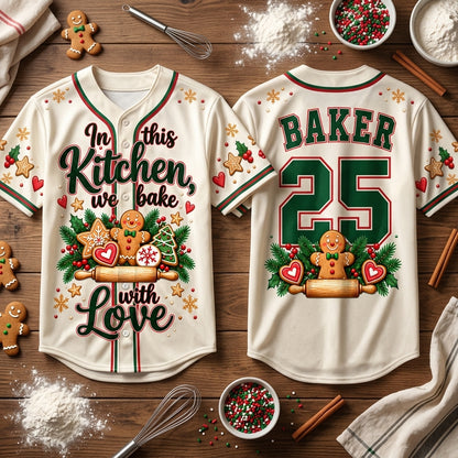 Custom In This Kitchen We Bake With Love Baseball Jersey – Personalized Christmas Baker Gift - mockup 2