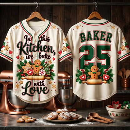 Custom In This Kitchen We Bake With Love Baseball Jersey – Personalized Christmas Baker Gift - mockup 3