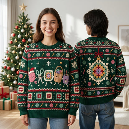 Crochet & Knitting Craft Characters Ugly Sweater – Festive Yarn Lover Holiday Gift - mockup 1
