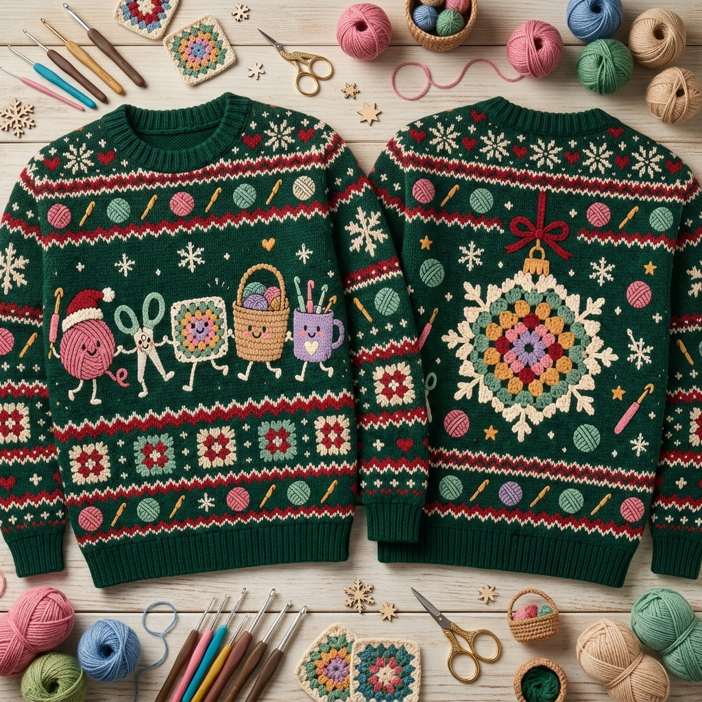 Crochet & Knitting Craft Characters Ugly Sweater – Festive Yarn Lover Holiday Gift - mockup 2