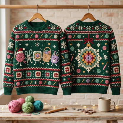 Crochet & Knitting Craft Characters Ugly Sweater – Festive Yarn Lover Holiday Gift - mockup 3