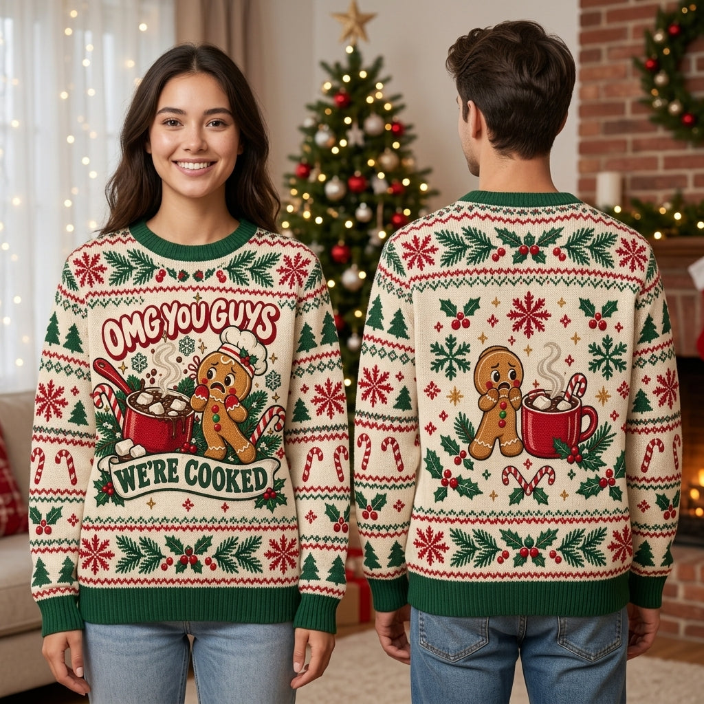 Funny Gingerbread "We're Cooked" Ugly Sweater – Hilarious Christmas Holiday Party Top - mockup 1