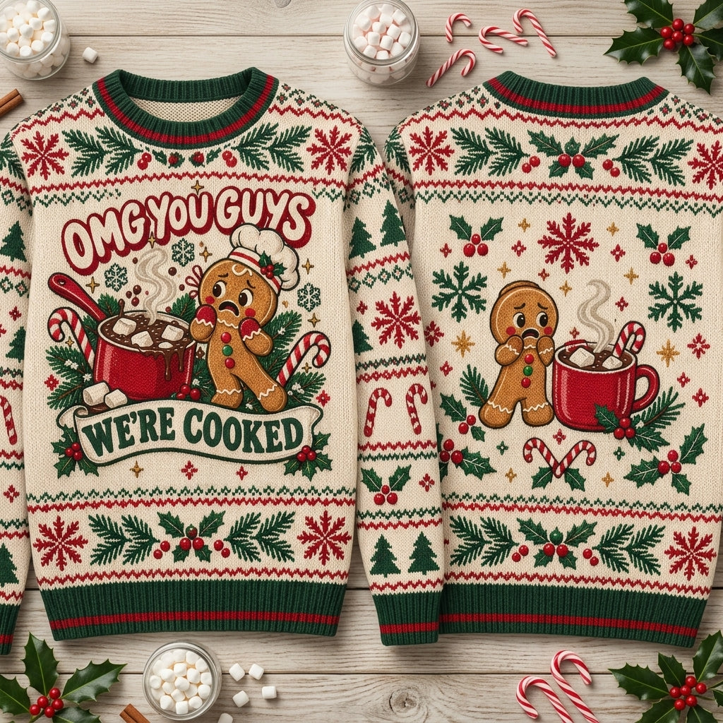 Funny Gingerbread "We're Cooked" Ugly Sweater – Hilarious Christmas Holiday Party Top - mockup 2