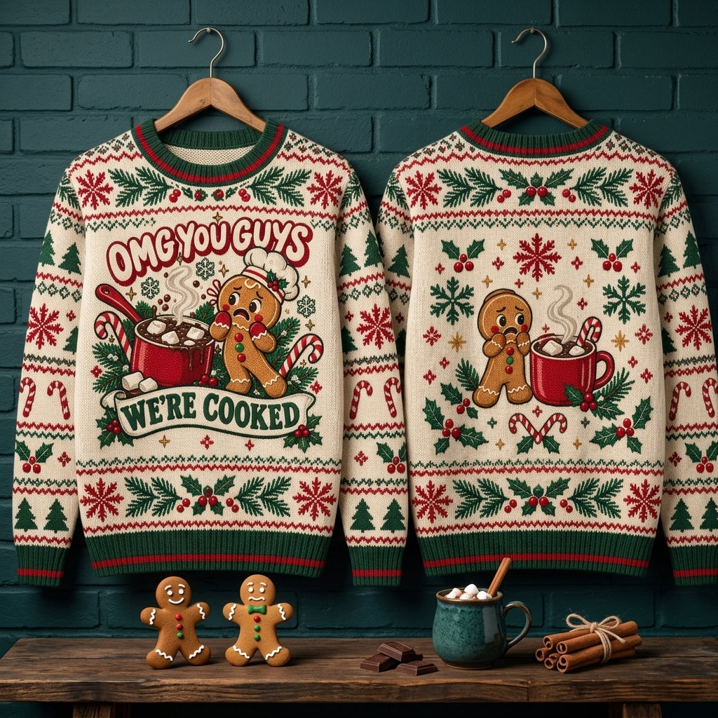 Funny Gingerbread "We're Cooked" Ugly Sweater – Hilarious Christmas Holiday Party Top - mockup 3