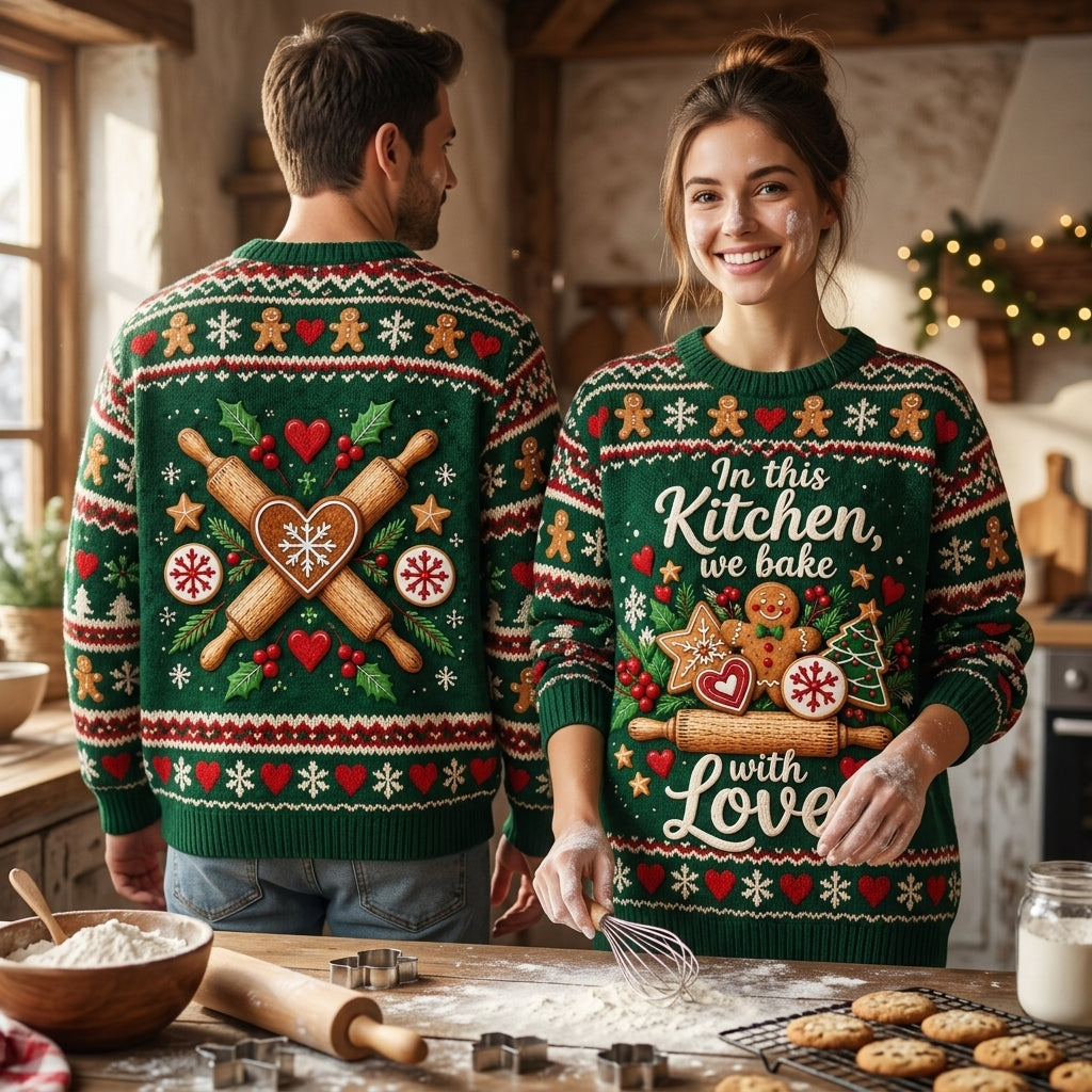 In This Kitchen We Bake With Love Ugly Sweater – Festive Christmas Baker Gift - mockup 1