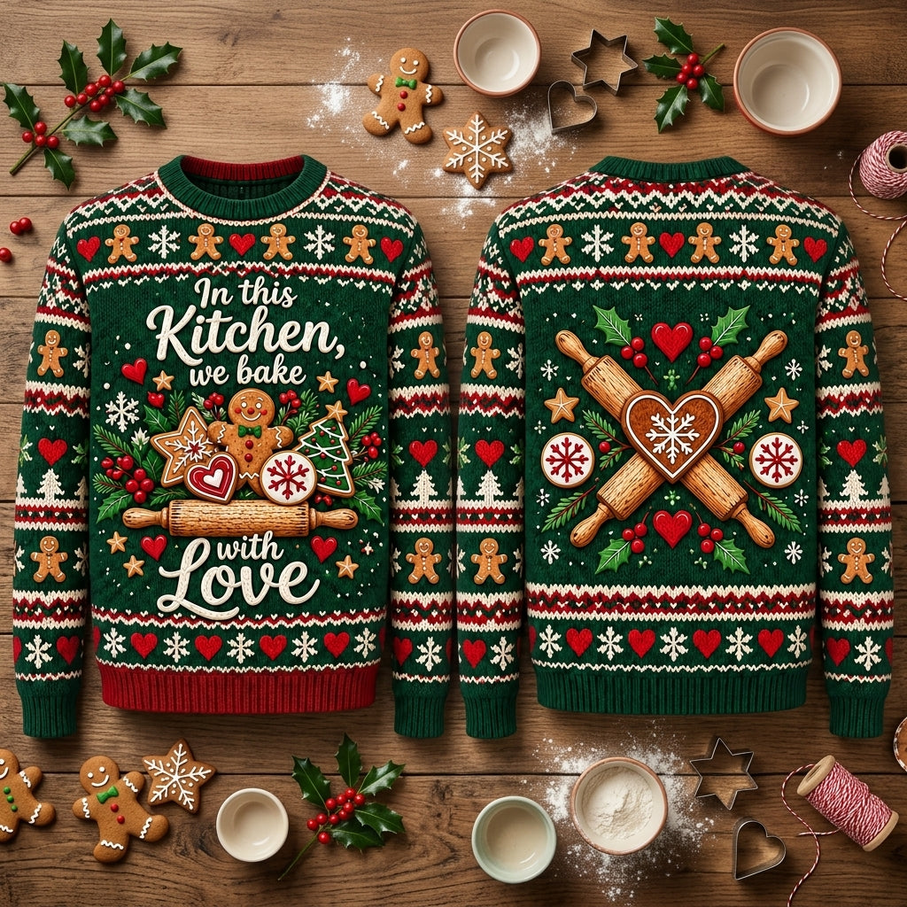 In This Kitchen We Bake With Love Ugly Sweater – Festive Christmas Baker Gift - mockup 2