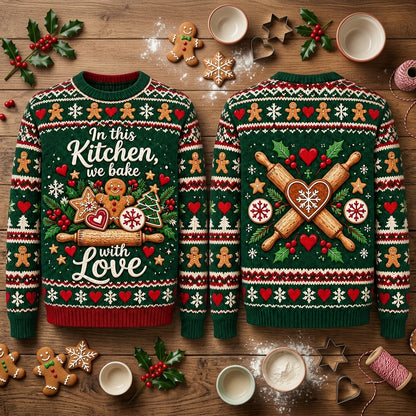 In This Kitchen We Bake With Love Ugly Sweater – Festive Christmas Baker Gift - mockup 2