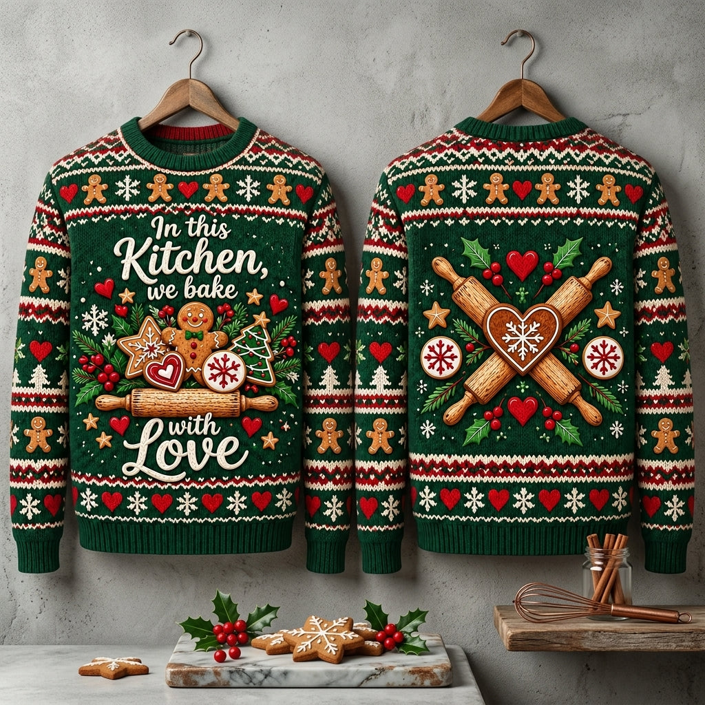 In This Kitchen We Bake With Love Ugly Sweater – Festive Christmas Baker Gift - mockup 3