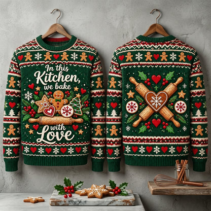 In This Kitchen We Bake With Love Ugly Sweater – Festive Christmas Baker Gift - mockup 3