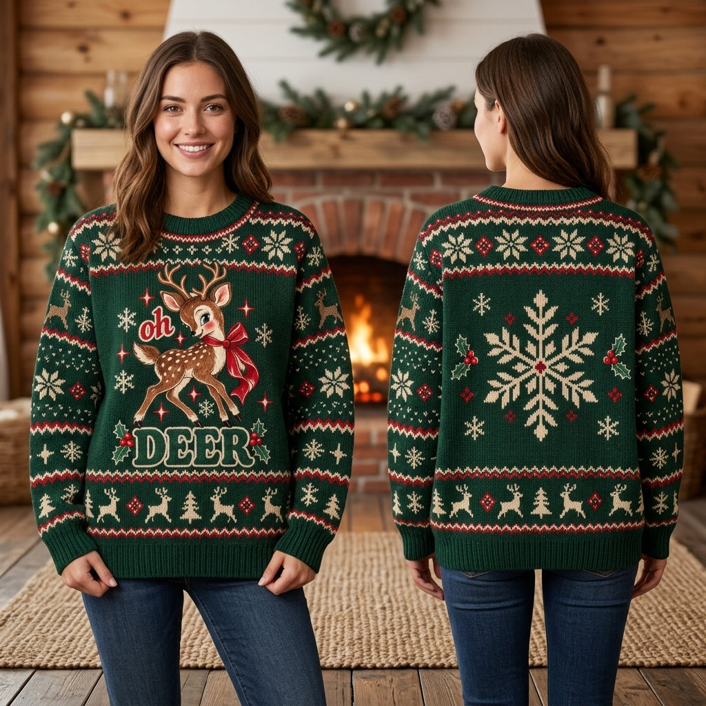 Oh Deer Cute Reindeer Christmas Ugly Sweater – Festive Unisex Holiday Gift - mockup 1