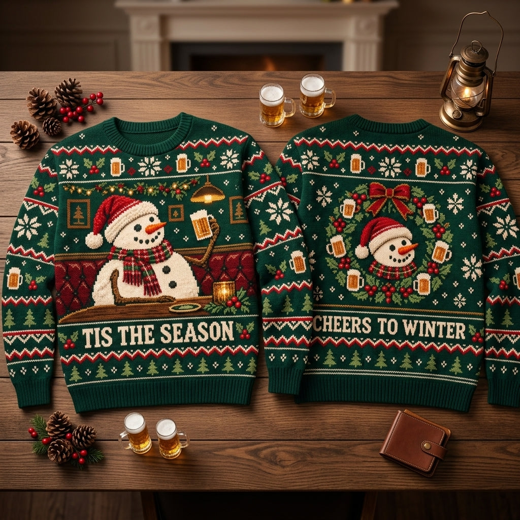 Snowman Beer Drinking 'Tis The Season Ugly Sweater – Christmas Party Gift - mockup 2