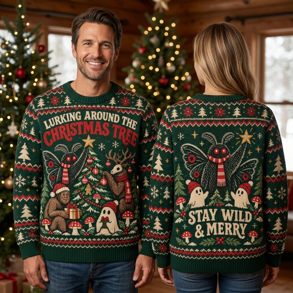 Cryptid Lurking Around The Christmas Tree Ugly Sweater – Stay Wild & Merry Holiday Top - mockup 1