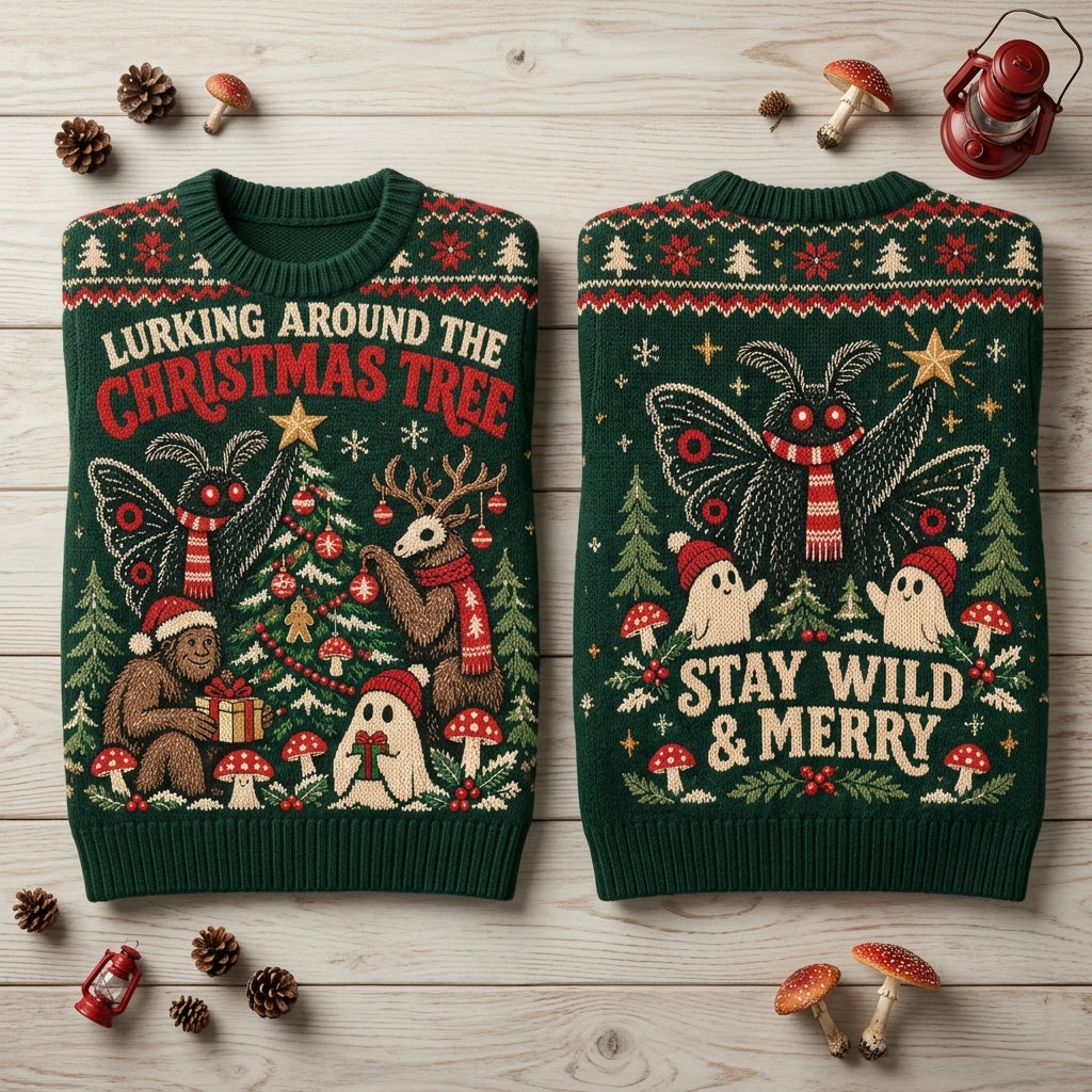 Cryptid Lurking Around The Christmas Tree Ugly Sweater – Stay Wild & Merry Holiday Top - mockup 2