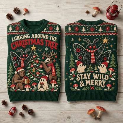 Cryptid Lurking Around The Christmas Tree Ugly Sweater – Stay Wild & Merry Holiday Top - mockup 2